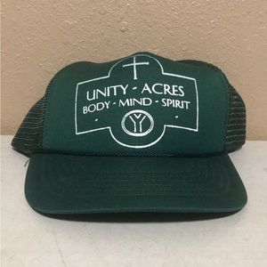 Vintage Religious Green Trucker Hat Cap SnapBack Unity Acres Body Mind Spirit